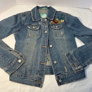 Hollister Cali Embroidered Denim‎ Jacket Women's Size S Palm Trees Flowers Y2K